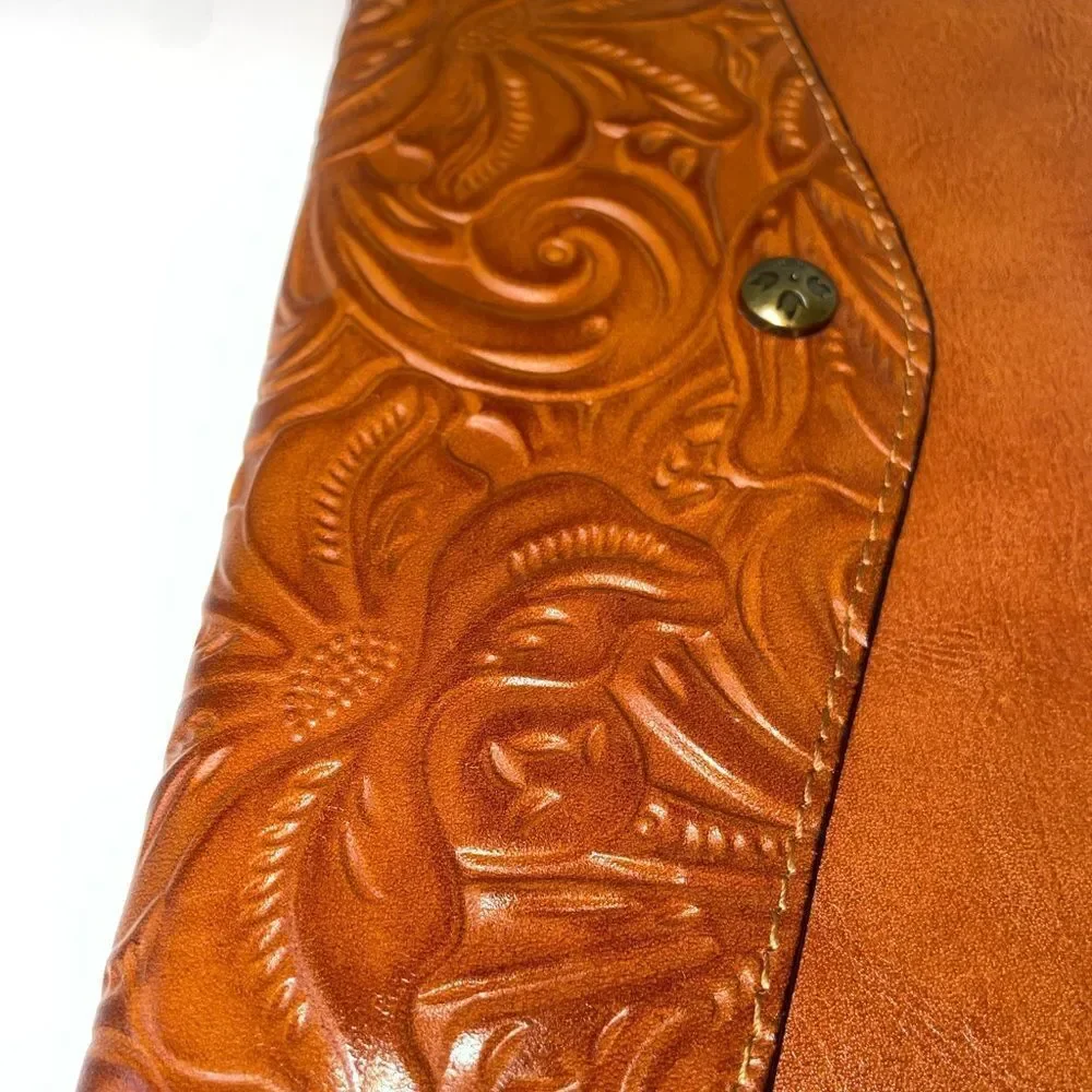 Patricia Nash Tooled Midi Tech Portfolio Brown Leather Clutch
